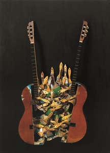 Vertically halved guitar with paint brushes by Arman